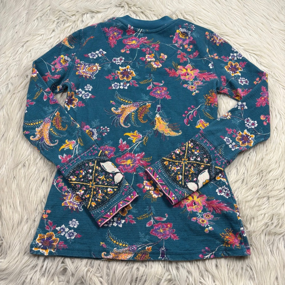 Sundance Women's S Teal Floral Velvet Button Cuff Thermal Top Artsy Boho - Picture 5 of 5